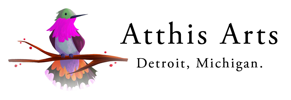 Color hummingbird logo that reads Atthis Arts, Detroit Michigan